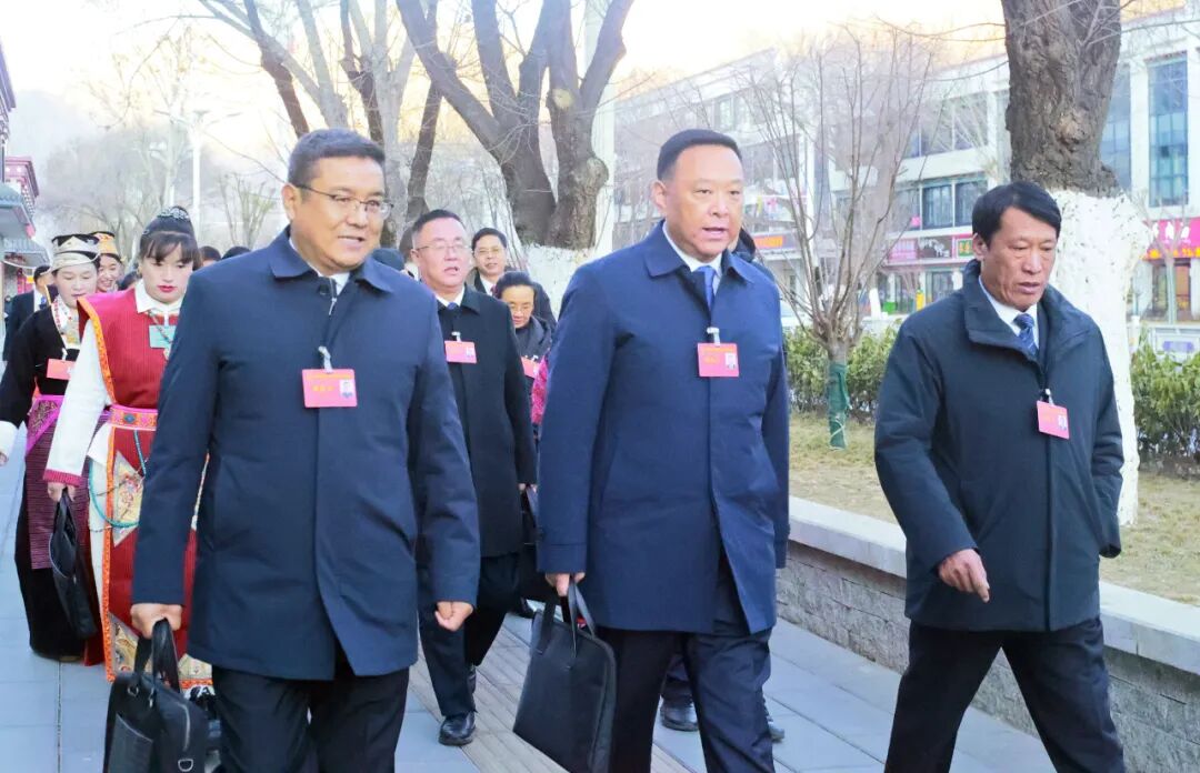 林芝市参加自治区十二届人大四次会议的人大代表、列席人员意气风发步入会场